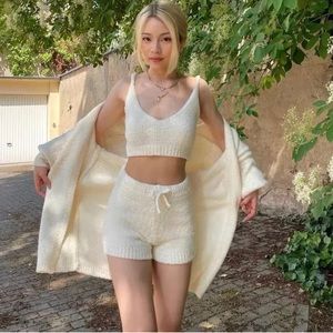3 piece fuzzy loungewear - top, shorts, and sweater in ivory white - size Large
